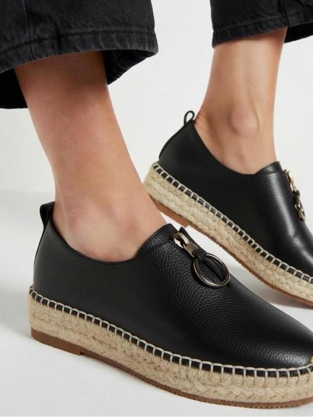 NEW Alexander Wang Black Leather Espadrille Loafer with Gold Ring size 37